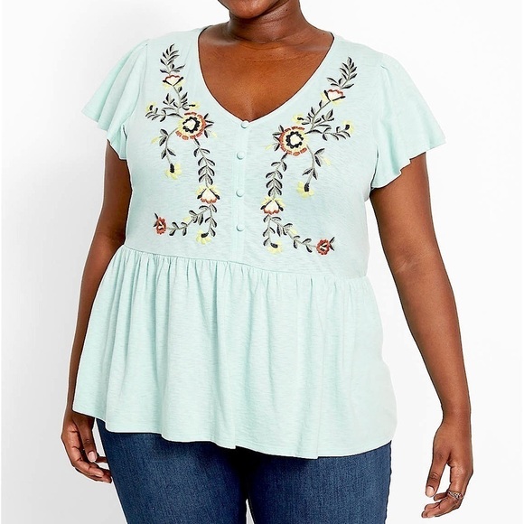Lane Bryant Swing Flutter Sleeve Embroidered Babydoll Blouse Top Stretch NEW - Picture 2 of 10